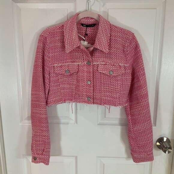 Zara Cropped Tweed Lightweight Spring Long Sleeve Pink Blazer Size Medium - Picture 9 of 9